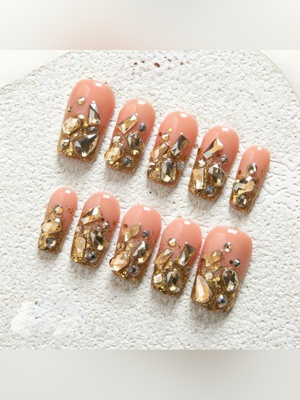 Luxury Nude Pink Press-On Nails with Gold Rhinestones by Lovful